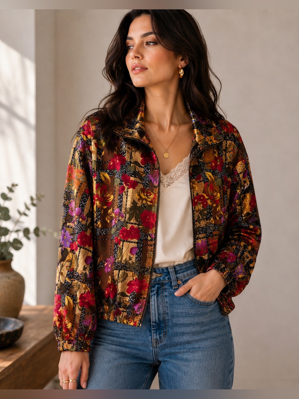 Vintage 90s Floral Patchwork Print Satin Zip Front Bomber Jacket L